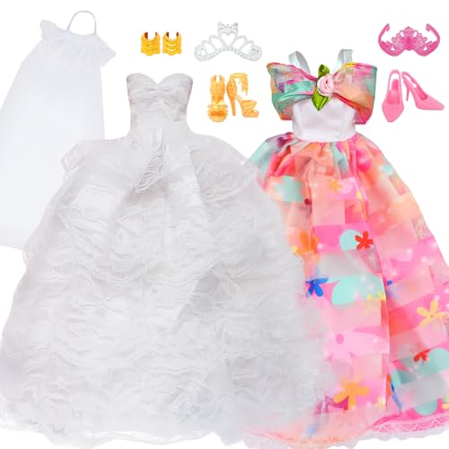BLIJOLA White Gorgeous Doll Wedding Dress with Veil & Pink Princess Long Evening Party Clothes Gowns Sets with Crowns Shoes for 11.5 inch Girl Doll