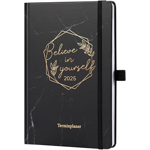 Kalender 2025 - Terminplaner 2025 von Januar 2025 bis Dezember 2025, Wochenplaner A5 mit Innentasche, Kalender 2025 Buchkalender, 21.3 x 14.7cm - Schwarz