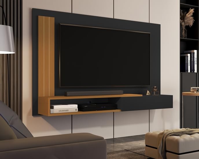Painel TV até 55 Polegadas Matt com porta Preto/Nature - JM Casa dos Moveis