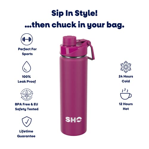SHO Stainless Steel Sports Water Bottle, Leak Proof, BPA Free, No Sweat, Vacuum Insulated Double Walled Metal Flask - Image 2