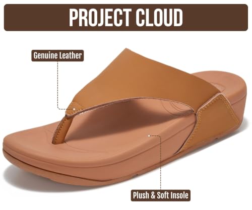 Image of Project Cloud Genuine Leather Women's Sandals - Thong Flip Flops with Plush Soft Insole, Arch Support & Non Slip Outsole - Comfortable Beach & Summer Slides
