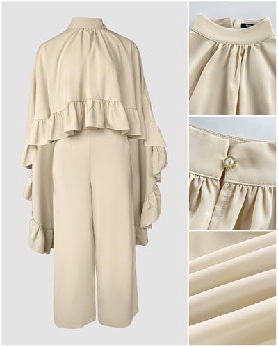 CHICME 2 Pieces Outfits for Women High-Low Ruffles Hem Cape Top and Casual Wide Leg Pants Matching Sets Fall Vacation Travel Outfits Apricot-L