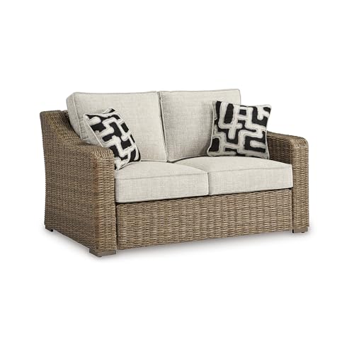 Signature Design by Ashley Beachcroft Casual Weather Resistant Resin Wicker Outdoor Loveseat with Cushion and 2 Accent Pillows, Dark Brown & Beige