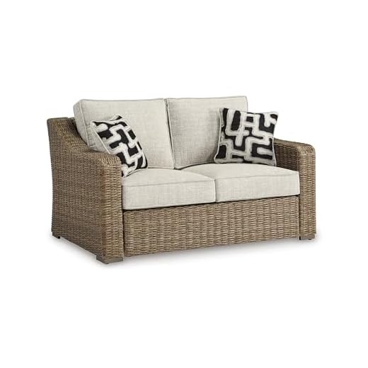 Signature Design by Ashley Beachcroft Casual Nuvella Weather Resistant Fabric, Resin Wicker Outdoor Loveseat with Cushion and 2 Accent Pillows, Dark Brown & Beige