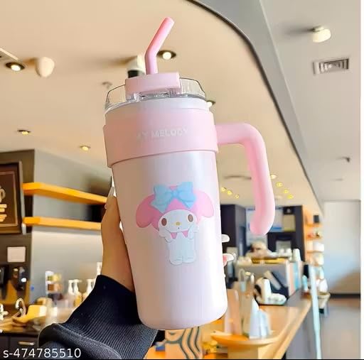 Image of Cute Cartoon Straw Tumbler 860ml with Handle | Doublewall-Reusable Sipper Cup with Lid for Kids & Teens | Lightweight Drinking Mug for Water, Juice & Milk (Pink)