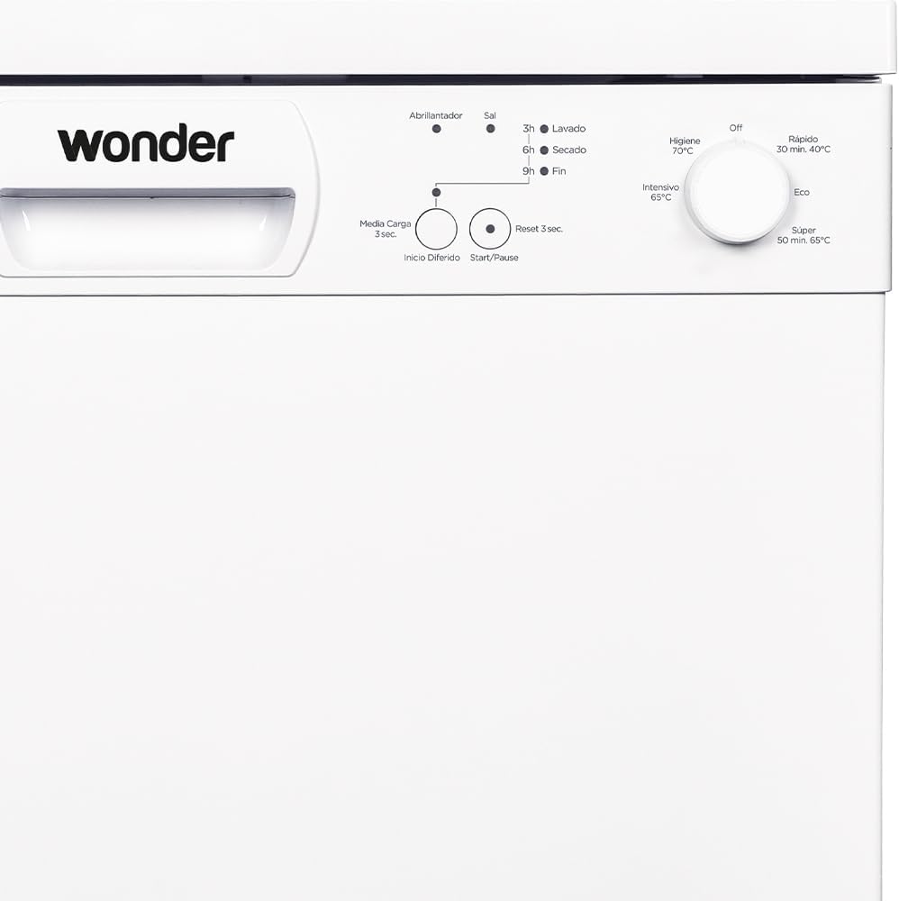 Close-up of the Wonder WJ12600E Dishwasher control panel with program dial and indicator lights