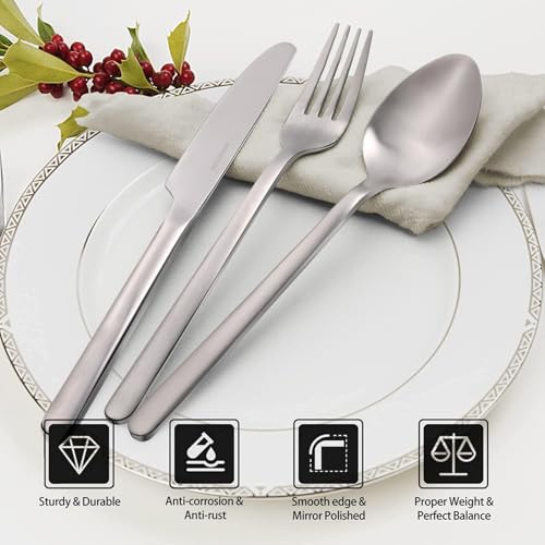 Image of KINGSTONE 30 Pieces Silverware Set, Flatware Cutlery Set for 6, 18 /10 Stainless Steel Silverware Utensils Minimalist Design Dishwasher Safe, Matte Silver