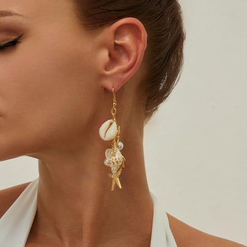 Elegant Gold Starfish Shell Earrings with Pearl Inlay - Perfect Beach Jewelry for Summer Vacation - Image 2