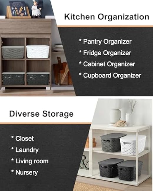 Plastic Storage Bins with Lids 6 Packs,Stackable Bins Basket Pantry Decorative Containers with for Organizing Shelves Drawers Desktop Closet Playroom Classroom Office,White