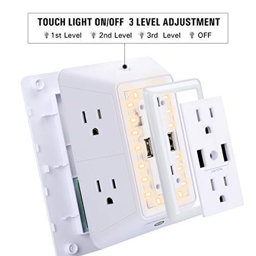 Usb Wall Charger, Surge Protector, Powrui 6-Outlet Extender With 2 Usb Charging Ports (2.4A Total) And Night Light, 3-Sided Power Strip With Adapter Spaced Outlets - White，Etl Listed #TOP2
