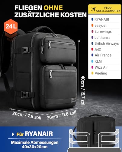 VANKEV Eurowings Ryanair EasyJet Wizz Air Handgepäck 40x30x20cm-24L, Sitzunter Rucksack für Reisen passt zu 15,6 Zoll Laptops schwarz - Image 2
