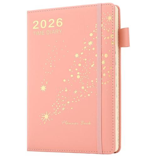 Academic Diary 2026 A5 Page a Day,Full Year Planner - Daily & Monthly Planner from Jan to Dec,Hardcover Appointment Diary 2026 with Monthly Tab,Inner Pocket,Bookmark,Pen Loop (Pink)
