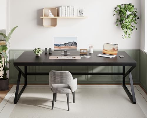 Image of HSH Extra Long Black Computer Desk, 78 inch Large Home Office 2 person Desk, Industrial Metal Wood double Desk for Executive Work Writing Study, Modern Black Bedroom Living Room PC Laptop Gaming Table