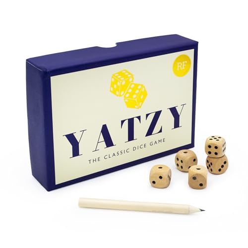 Yatzy | Classic Dice Game in Premium Gift Box | Includes 5 Wooden Dice Pencil & Score Pad Navy and Cream