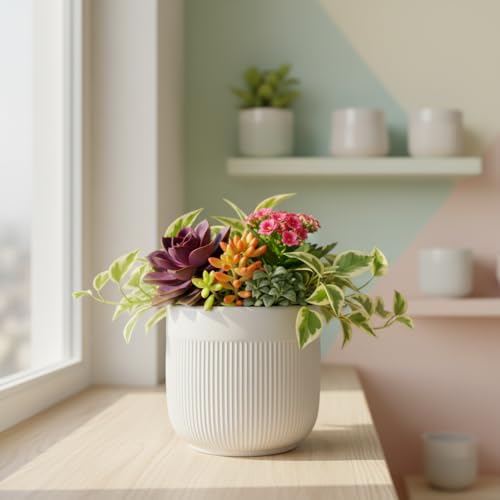 Image of Xtore Refined Ceramic Ribbed Planter with Base | Medium Round Plant Pot for Desk, Shelf & Corner Decor - (White, 1 Piece, Planter ONLY)