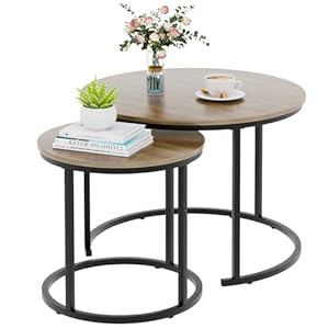 VILAWLENCE Nesting Coffee Table Round Side Table Set of 2 End Tables for Living Room Bedroom Balcony, Wooden Stacking Accent Coffee Tables with Metal Frame