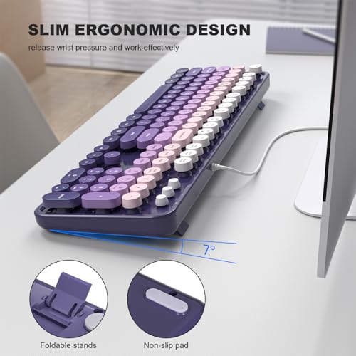 Image of MOFII Computer Keyboards Wired, Plug Play USB Full Size Typewriter Keyboard, Cute Colorful Aesthetic Keyboard with Foldable Stands for Windows PC Laptop (Purple Gradient)