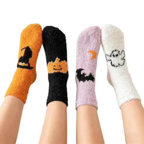 ZKFSIE Halloween Fluffy Socks, 4 Pair Ghost Cartoon Socks for Women, Cozy Winter Festival Party Accessories, Cute Halloween Gifts