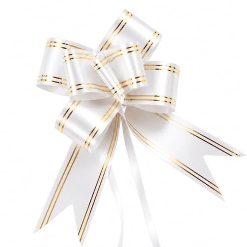 Image of Prokart - Pull Bow Gift Ribbon for Gift Wrapping, Large Decorative Pull Bows for Presents, Hampers, Flower Bouquets, Wedding, Birthday, Christmas & Party Decorations (15MM, White, Pack of 30PC)