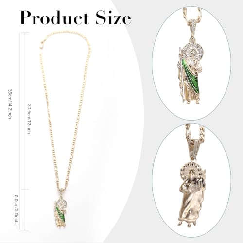 Gold Plated Green Saint Jude Pendant Necklace Figaro 24" San Judas Tadeo Medalla Cadena Oro Laminado2