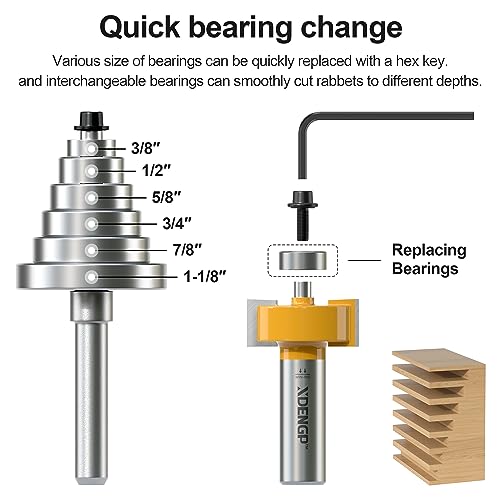 Image of Rabbet Router Bit Set 1 /2 Shank, Rabbeting Router Bits 1pcs with 6 Bearings for Interchangeable and Adjustable Multi Depths Cutter 1 /8 inch, 1 /4 inch, 5 /16 inch, 3 /8 inch, 7 /16 inch, 1 /2 inch