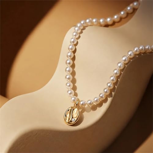 Image of Jeulia Vintage Oval Rice Pearl Choker Necklace for Women, 14K Gold Plated Andy Style Enamel Heart Pendant Dainty Beaded Pearl Jewelry Gifts for Birthday Anniversary Daily Party Wear