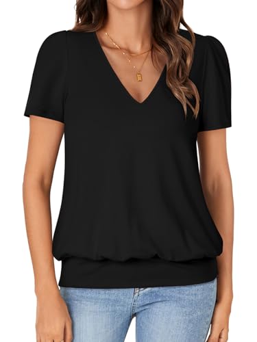 KIFOVEN Women’s Casual Short Sleeve V Neck T Shirt Summer Banded Bottom Loose Fit Tunic Tee Shirt Top2