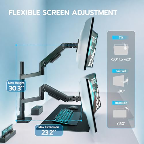 Image of ARES WING Dual Extra Tall Monitor Arm Desk Mount for 17-49 inch Ultrawide Monitors, Heavy Duty Monitor Mount Holds 44 lbs, Full Motion Gas Spring Vertical Monitor Mount, 75 /100 VESA Mount, Black
