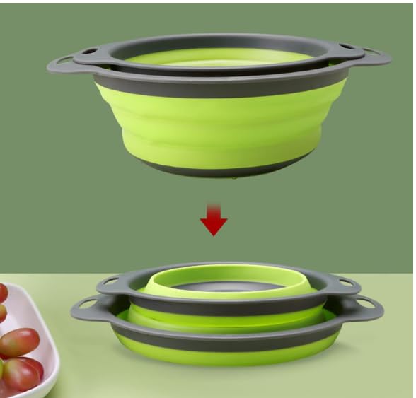 Image of Collapsible Silicone Colander Set of 3 with Drain Tray, Foldable Kitchen Colander with Handles, Fruits, Vegetables, Pasta & Kitchen Storage, Space Saving (Green & Grey)