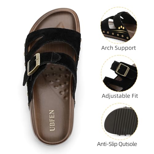 Image of UBFEN Womens Platform Slide Sandals | Real Leather,Buckle Sandals with Cushioned Flatform Footbed,Comfortable for Walking,Arch Support,Casual Styling