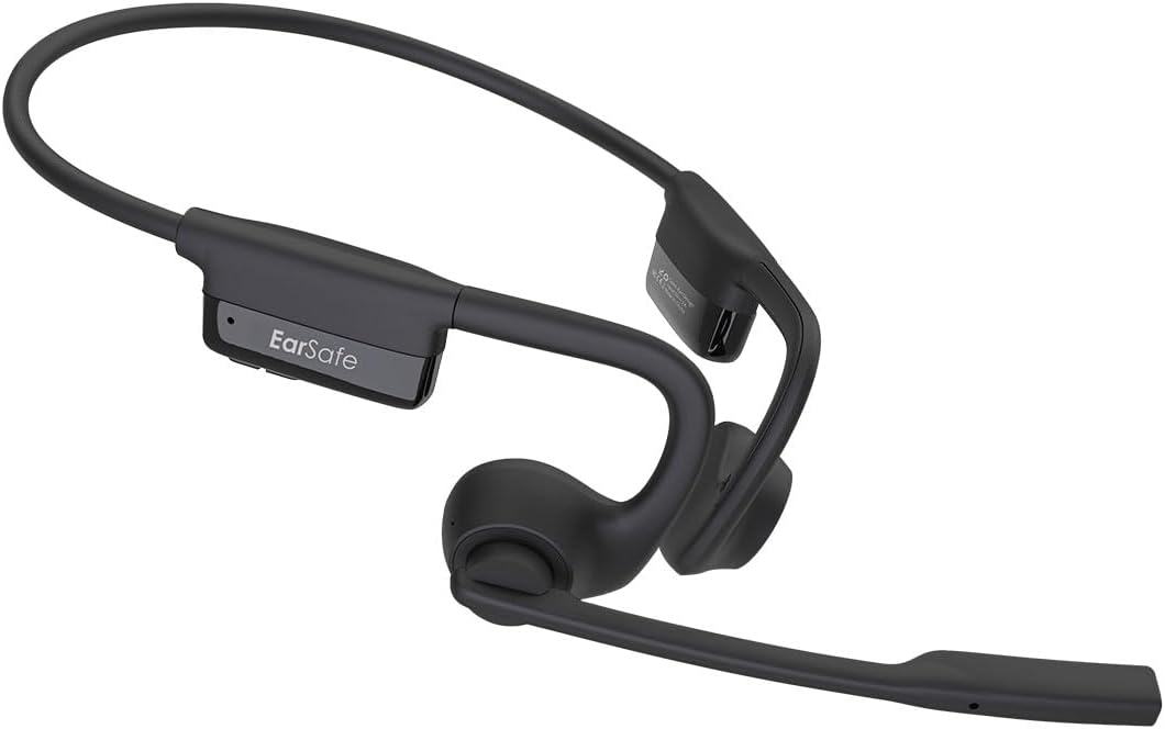 Earsafe Comm Open Ear Air Conduction Headphone, Noise Cancelling Boom Mic Earphone, Computer/PC/Laptop Use, 10M Fast C-Type Charge, 17H Playtime, Ideal for Home, Office, Zoom Meetings (Black)