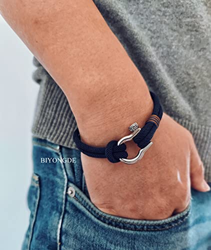 Mens Womens Nautical Sailor Rope Bracelet, Two-row Friendship Bracelet with Steel Screw Anchor Shackles3