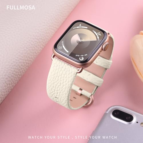 Image of Fullmosa Compatible with Apple Watch Band 45mm 44mm 42mm 41mm 40mm 38mm Stainless Steel Buckle, Leather Watch Strap for iWatch Series 8 /7 /6 /SE /5 /4 /3 /2 /1 for Men Women, Ivory White /Rose Gold Buckle