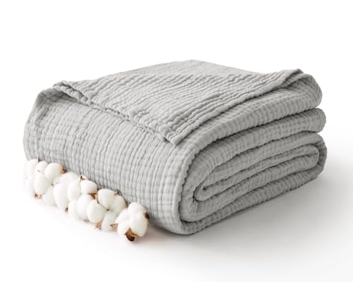 100% Cotton Muslin Blanket Twin 66" x 90", Breathable and Lightweight Cotton Twin Blankets for Couch, Soft Cooling Summer Gauze Blanket for Adults All Season, Light Grey