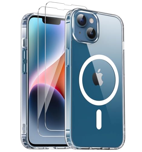 COPIKE Funda Magnética para iPhone 13 y iPhone 14 con 2 Cristal Templado, Compatible con MagSafe, Carcasa Antigolpes Anti-Amarillo Tapa Trasera Resistente Arañazos, Transparent