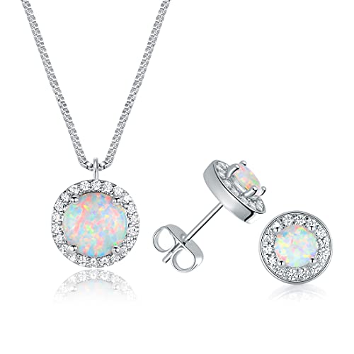 DwearBeauty Jewelry sets for Women Silver Necklace and Earring set 18k White Gold Plated Opal Halo Pendant Necklace and Cubic Zirconia Stud Earrings for Women