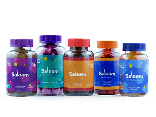 Salaam Nutritionals Halal Mega Family 5 Packâ€“ Calcium, Childrenâ€™s Multivitamin, Children's Omega 3 + DHA. Adult Multivitamins, Children's Omega 3 + DHA, Adult Vitamin D â€“ Kosher, Gluten & Nut Free