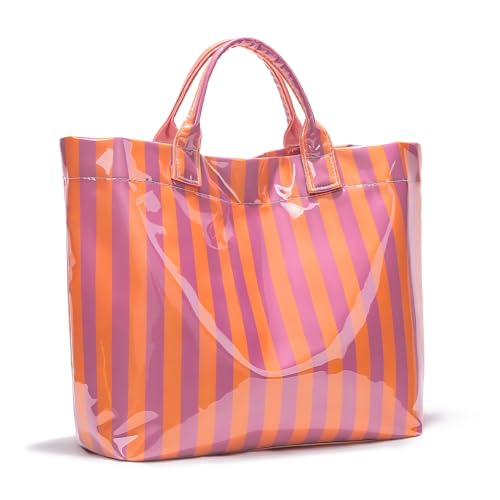 Bolso tote grande a rayas con asa superior de PVC brillante miniatura 1