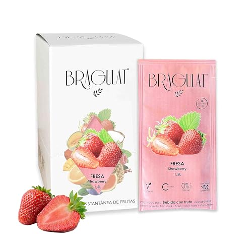 BRAGULAT | Jus de fruits concentré | Boissons instantanées et boissons gazeuses | Sans sucre et vitamine C | Eau aromatisée aux fraises | 15 enveloppes