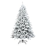 Beyond 6FT Snow Flocked Artificial Full Christmas Tree, Hinged Spruce Christmas Tree with...