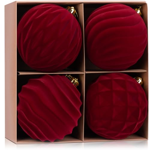 WHGJ 6 Inch Large Burgundy Velvet Christmas Ball Ornaments Set 4 Pcs Big Flocked Wine Red Shatterproof Hanging Bulbs for Xmas Tree Wreath Garland Holiday Party Outdoor Decorations