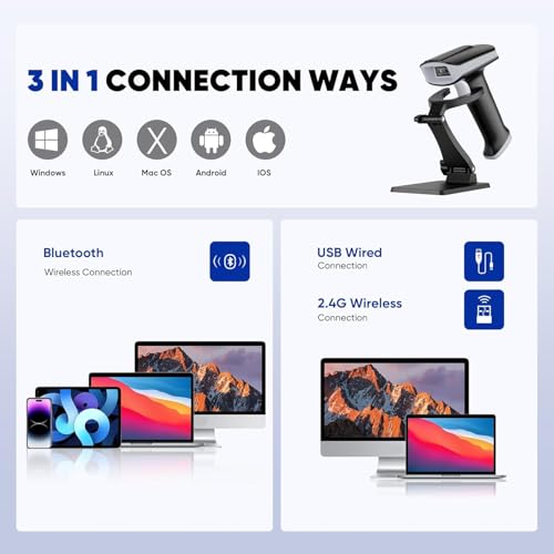 Image of 2D Wireless Barcode Scanner,Bluetooth6.0 & Wireless2.4G & USB Wired Connection, 1D QR Bar Code Reader Scanner Automatic Fast Precise scanning for Smart Phone, Tablet, PC