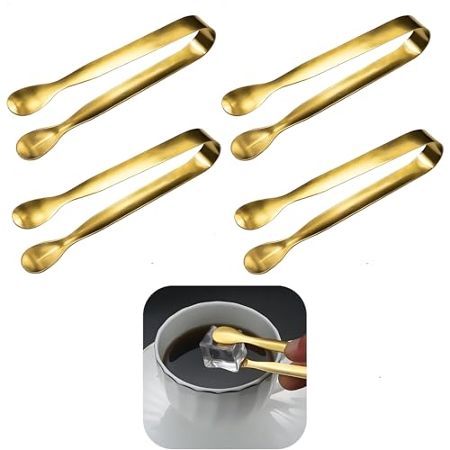 4Pcs Gold Ice Tongs - Stainless Steel Small Food Tongs for Ice Cubes, Dessert, Party, Coffee Bar & Kitchen