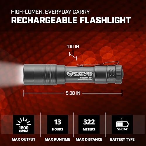 Image of Streamlight 66210 MegaStream USB 1800-Lumens Rechargeable Flashlight | 1800-Lumen 26000-Candela High-Output Flashlight with USB-C Cable and Holster, Black