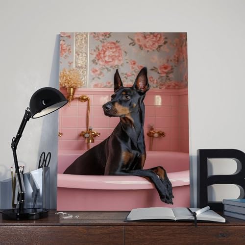 DSTRJ Dobermann in der Badewanne, Kunstposter auf Leinwand, Schlafzimmer, Dekoration, Landschaft, Büro, Raumdekoration, Geschenk, 30 x 45 cm