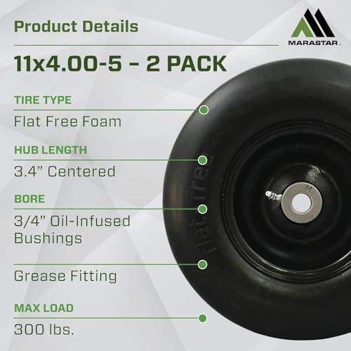 MARASTAR Universal Fit Flat Free 11x4.00-5 Tire and Wheel Assembly, Zero Turn Lawn Mower Replacement Tires, Smooth Tread, Adapter Kit included, 2 pack - Image 3