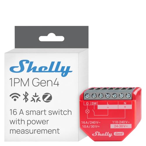 Shelly 1PM Gen4 - Interrupteur Matter, Zigbee, Wi-Fi, 1 Canal 16A, Mesure de consommation électrique, Éclairage connecté, Contrôle à distance app, Compatible Apple Homekit, Alexa, Google, SmartThings
