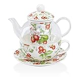Grace Teaware 5-Piece Glass Porcelain 13-Ounce Tea For One With Infuser (Floral Strawberry Field)