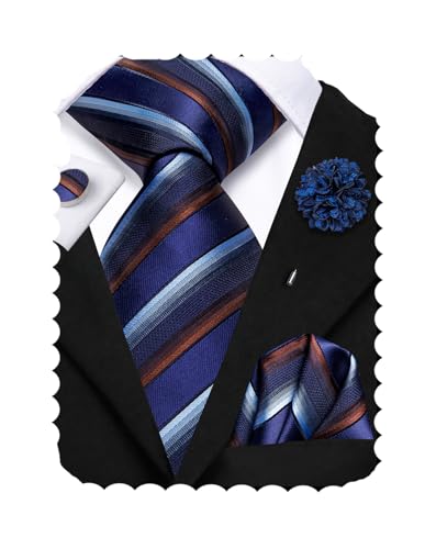 Image of Hi-Tie Men's Tie Lapel Pin Set Pocket Square Cufflinks Formal Woven Silk Tie Sets Wedding Party