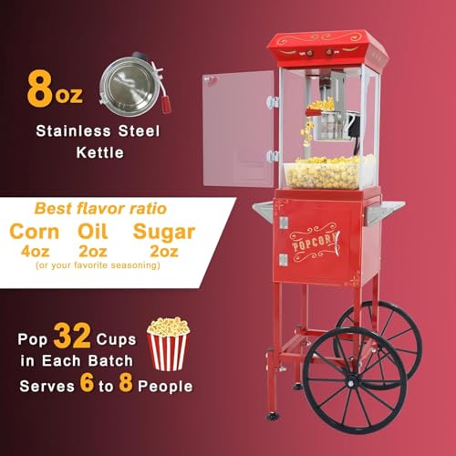 Image of Vintage Style Popcorn Machine 8oz - Snack Popper Maker with Stainless Steel Kettle, Retro Vintage Cart & Wagon Wheels, pop corn machine for Home, Parties, Movie theater, Christmas,Thanksgiving
